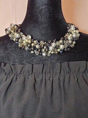 Vintage Statement Beaded Choker Necklace - Black, Silver & Pearl Clusters